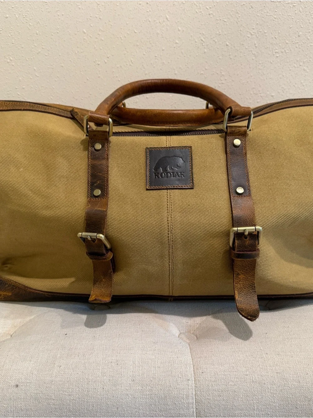 Kodiak Tan Canvas Duffel with Brown Leather Trim